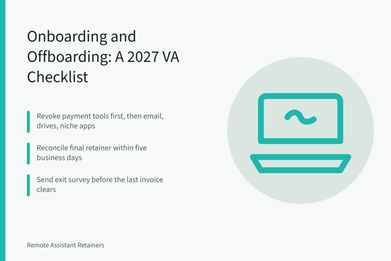 Checklist card for virtual assistant client onboarding and offboarding steps. Client onboarding vs. offboarding for a virtual assistant agency: a 2027 checklist