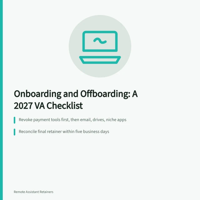 Checklist card for virtual assistant client onboarding and offboarding steps. Client onboarding vs. offboarding for a virtual assistant agency: a 2027 checklist