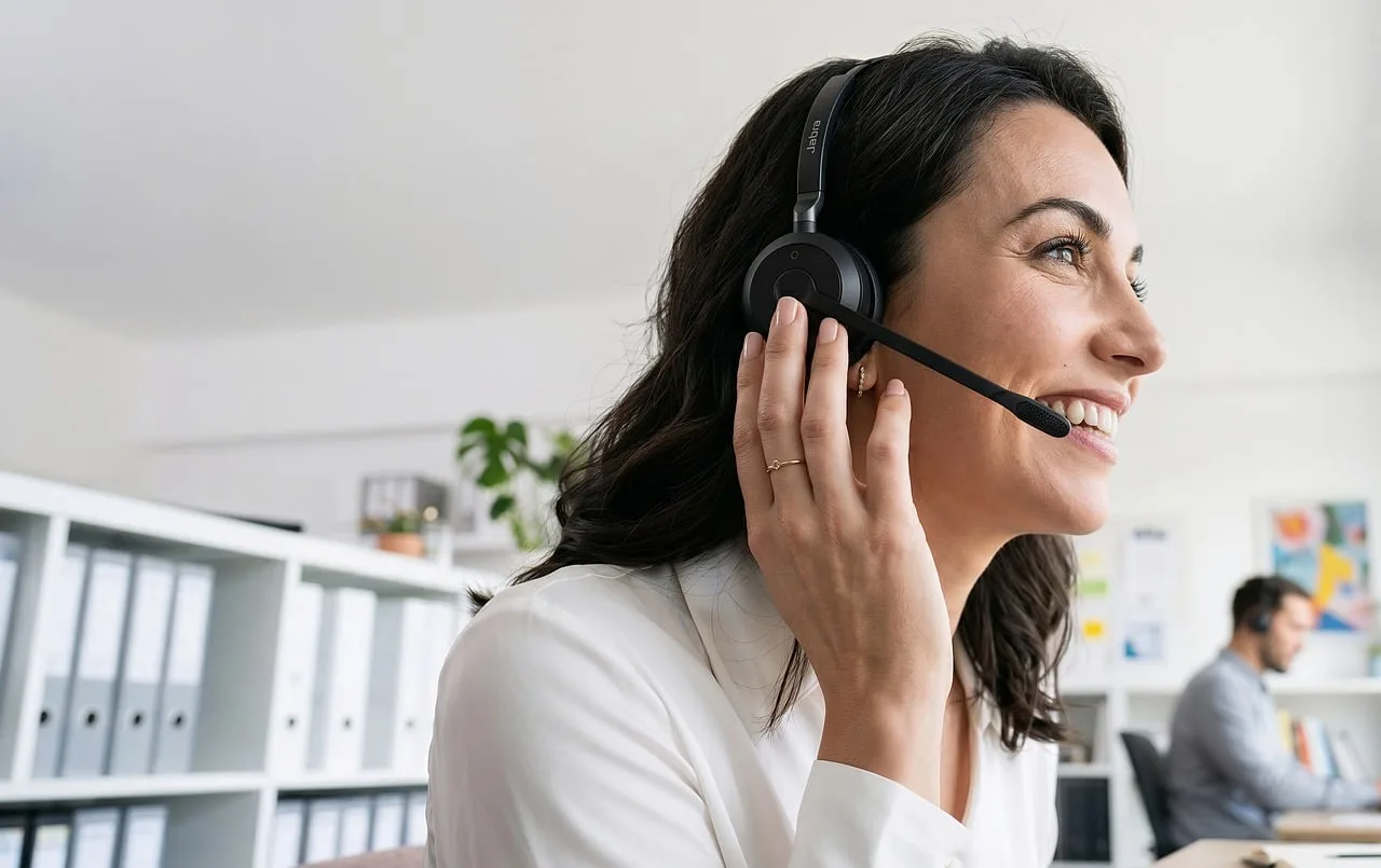 office, headset, smiling woman, headset microphone, workplace, interaction, call center, conversation, professional, communication, customer service, woman, smile, white shirt, satisfaction, working, happy worker, administrative, telephone call. Building a virtual assistant agency service menu for a small operation