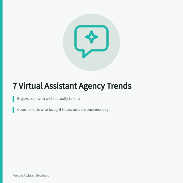 Card showing seven virtual assistant agency trends and pipeline evidence. 7 things worth knowing about virtual assistant agency trends